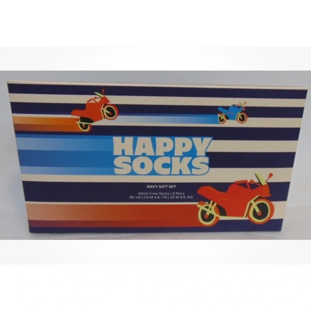 Happy Socks Motorcycles Stripes Crew Socks Unisex Novelty Pattern Colorful NIB